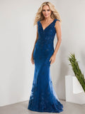 A-Linien V-Ausschnitt bodenlanges Spitzen-Chiffon Kleid für die Brautmutter mit Applikationen und Pailletten Meerjungfrauenkleid