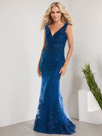 A-Linien V-Ausschnitt bodenlanges Spitzen-Chiffon Kleid für die Brautmutter mit Applikationen und Pailletten Meerjungfrauenkleid