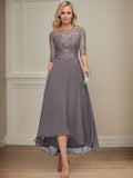 A-Linien Bootsausschnitt Illusionskleid mit asymmetrischem Chiffon-Spitzenstoff, Mutter-der-Braut-Kleid mit Paillettenperlen