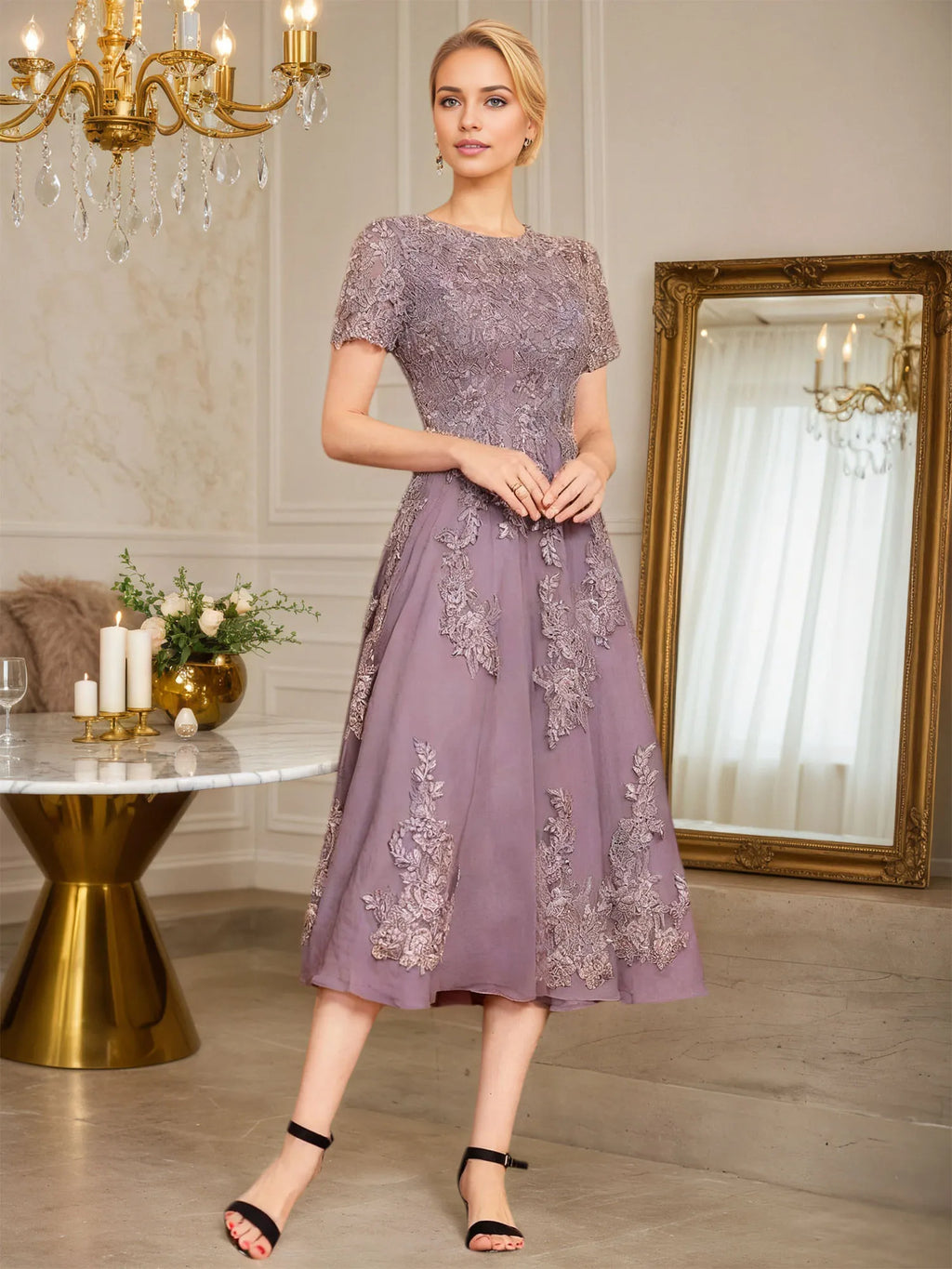 Abito da madre della sposa in chiffon a linea ad A, lunghezza tea, con scollo a U e applicazioni
