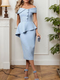 Semi-formelles Partykleid Blaues Schulterfreies Rüschiges Midikleid