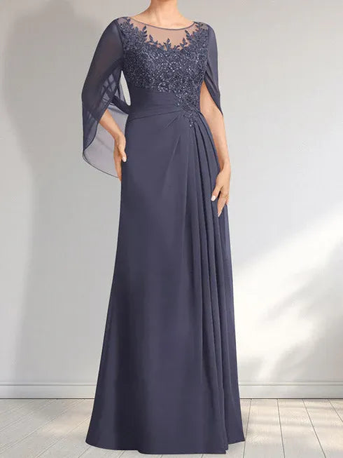Vestido longo para mãe da noiva em linha A com decote redondo, ilusão, renda e chiffon com paetês plissados