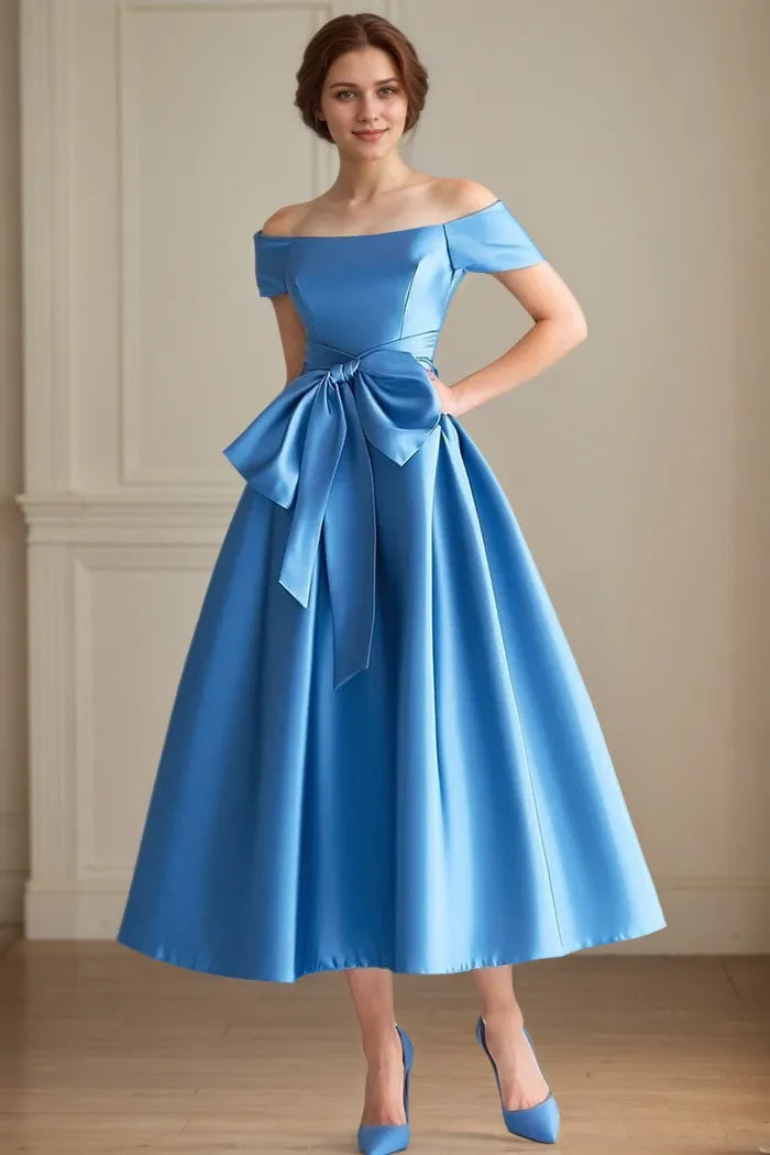 A Line Satin Off the Shoulder Tea Length Mother Of The Bride Dress with Bow