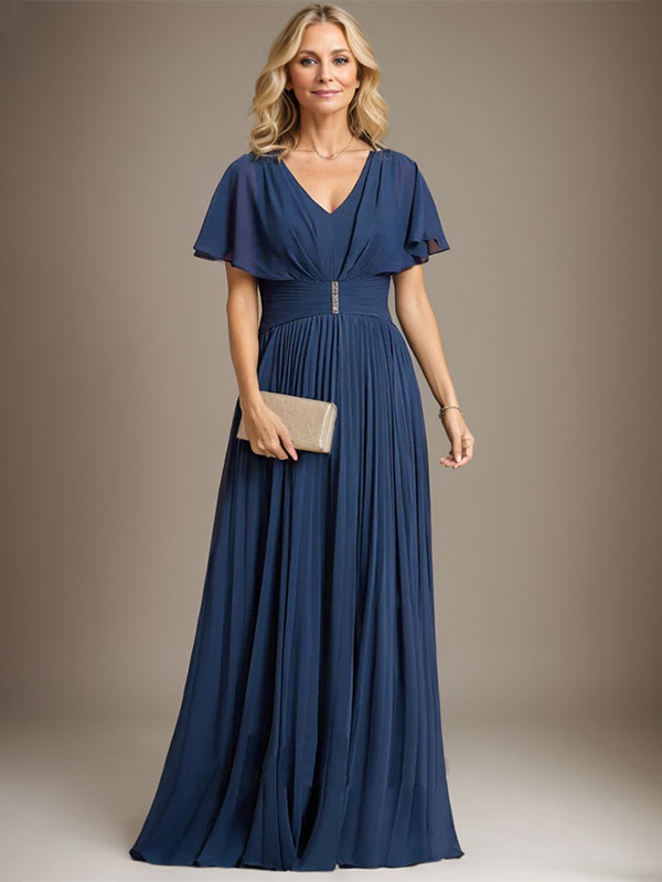 A-Linien V-Ausschnitt Bodenlanges Chiffon Brautmutterkleid mit Kristallbrosche und Plisseefalten