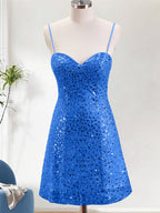 Sparkly Spaghetti Straps Corset Tight Short Homecoming Dress with Sequins