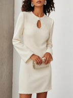 White Pearl Hollow Out Classic Crew Neck Long Sleeve Sheath/Column Mini Dress