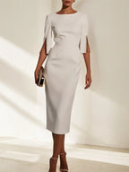 Abito midi bianco con perle finte, classico, scollo tondo, maniche a mezza lunghezza, modello aderente