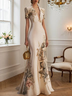 Abito sirena beige in raso floreale con scollo profondo a V e maniche corte
