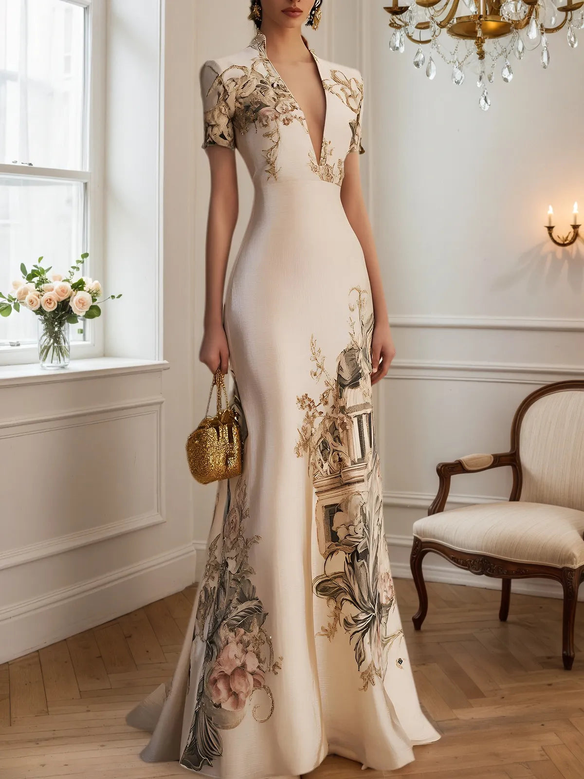 Abito sirena beige in raso floreale con scollo profondo a V e maniche corte