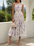 White Chiffon One Shoulder Sleeveless A-Line Midi Dress