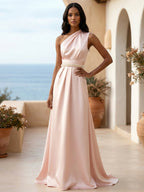 One Shoulder Pleat Satin A Line Evening Dresses with Beads