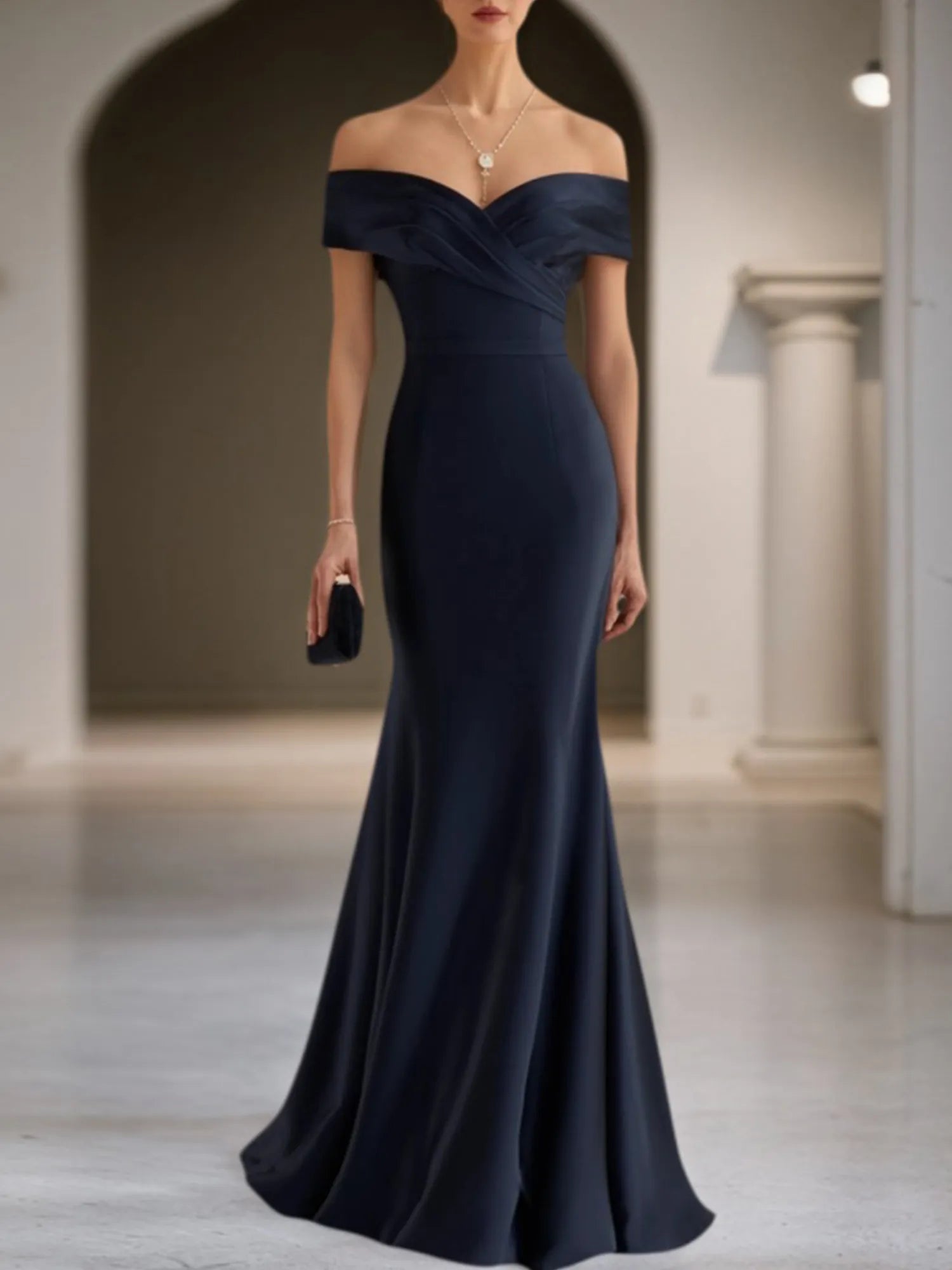 Formal Evening Dress Navy Off Shoulder Mermaid Maxi Gown