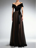 Evening Formal Dress Black A-Line Off the Shoulder Velvet Maxi Dress