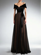 Evening Formal Dress Black A-Line Off the Shoulder Velvet Maxi Dress