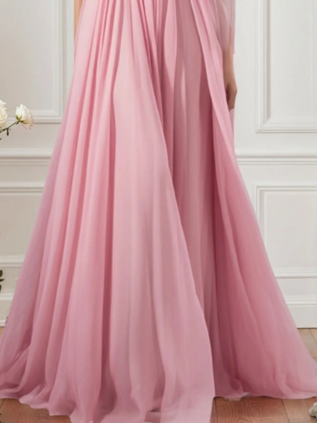 Vestido formal de noche de malla rosa con bufanda, vestido largo maxi