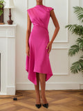 Vestido midi rojo rosa fruncido con cuello simulado y manga corta