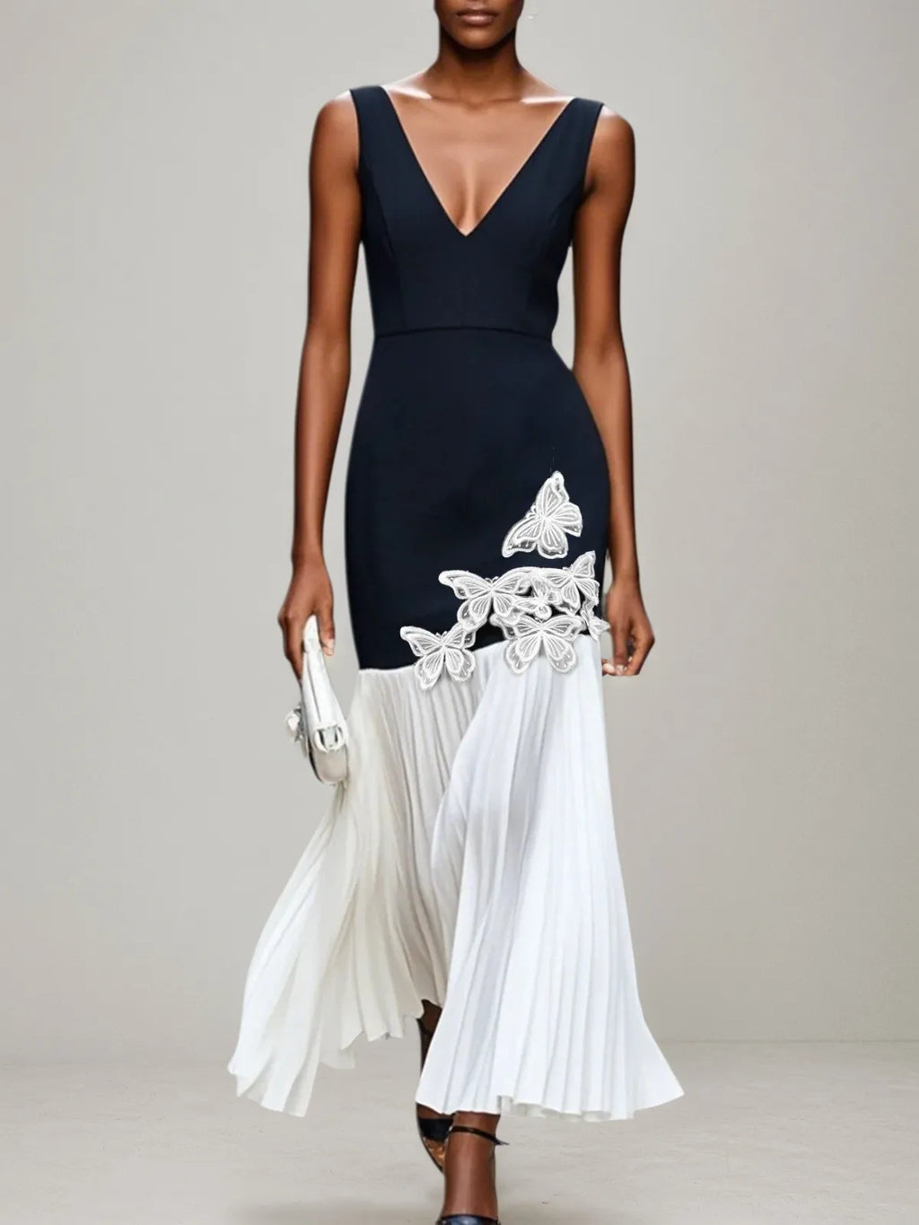 Vestido longo preto plissado com flores 3D, clássico, decote em V e sem mangas estilo sereia