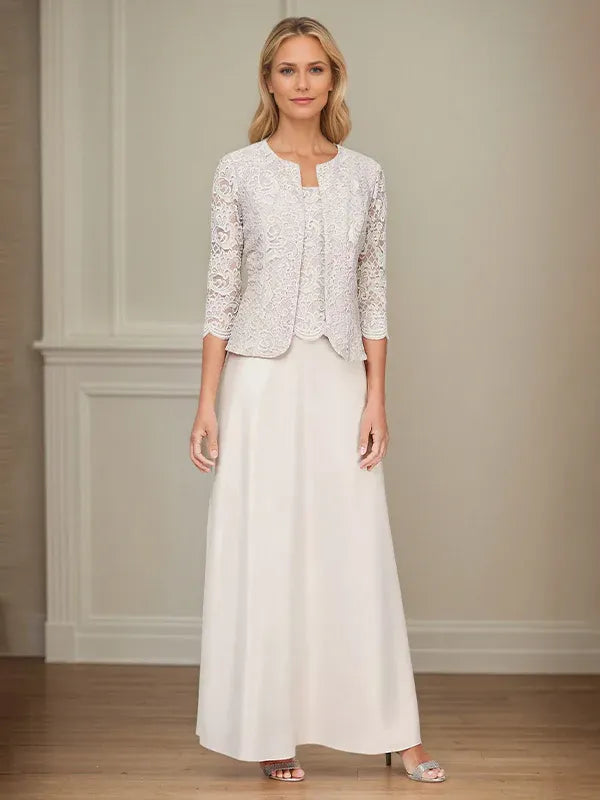 Vestido com saia de renda e cetim, jaqueta com brilho e jaqueta aberta