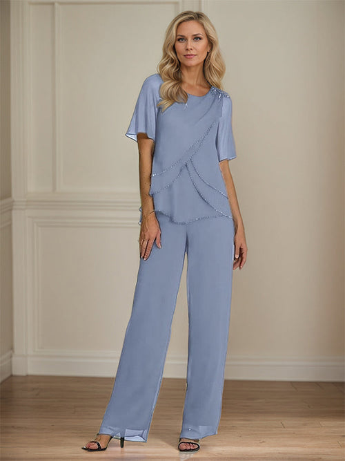 2 Piece Jumpsuit / Pantsuit Crew Neck Floor Length Chiffon Mother of the Bride Dress