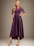 A-line Scoop Illusion Asymmetrical Stretch Satin Lace Mother of the Bride Dress With Sequins