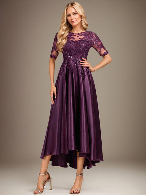 A-Linie Rundhalsausschnitt Illusion Asymmetrisches Stretch-Satin-Spitzen-Brautmutterkleid mit Pailletten
