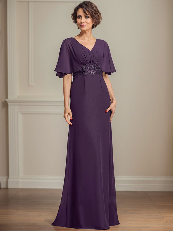 Vestido de madre de la novia en línea A de gasa con escote en V, largo hasta el suelo, con apliques plisados de lentejuelas y encaje