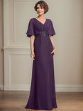 Vestido de madre de la novia en línea A de gasa con escote en V, largo hasta el suelo, con apliques plisados de lentejuelas y encaje