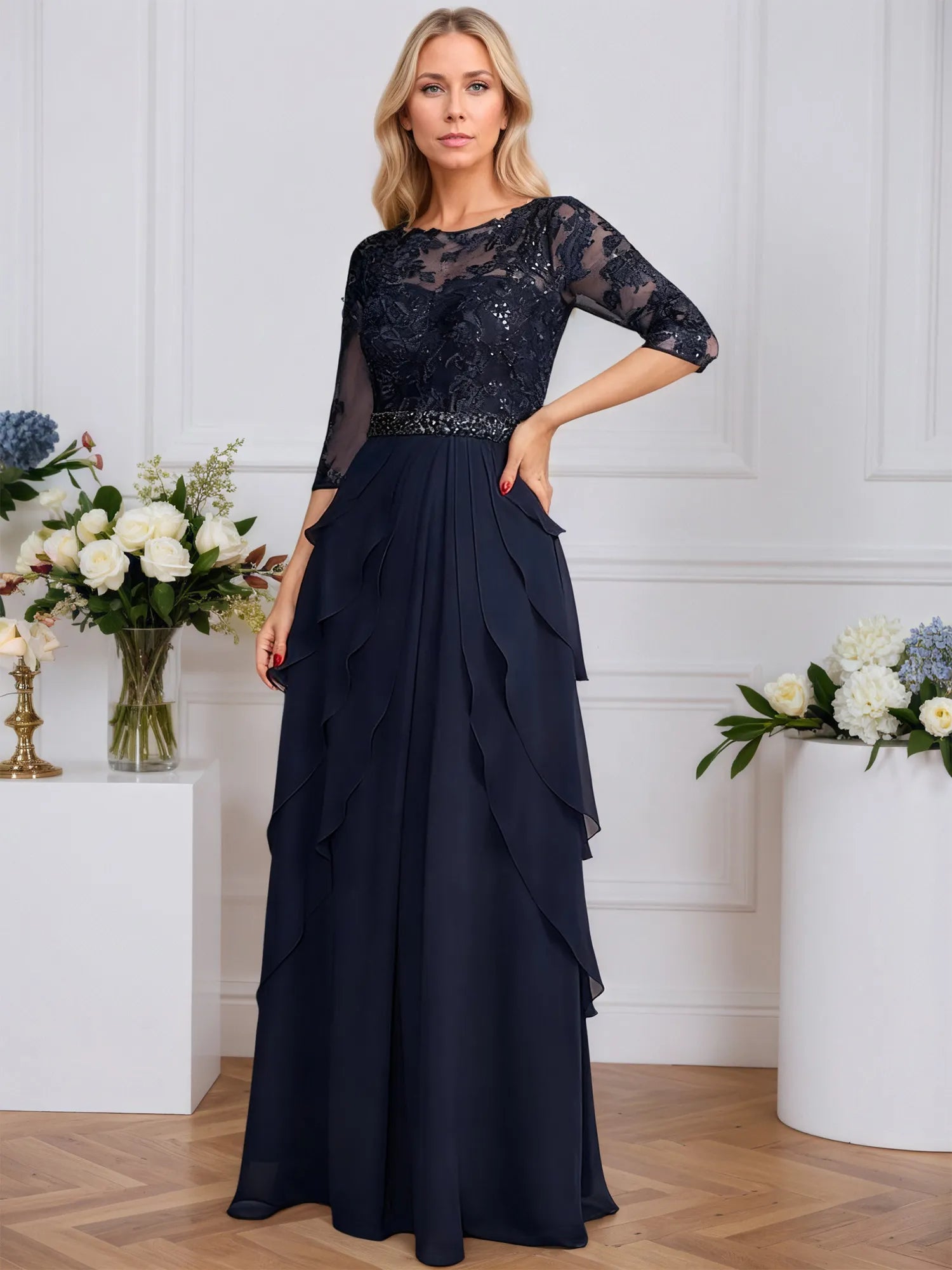 A-Linien Rundhals Illusions-Bodenlanges Chiffon Brautmutterkleid mit Pailletten und Perlenstickerei