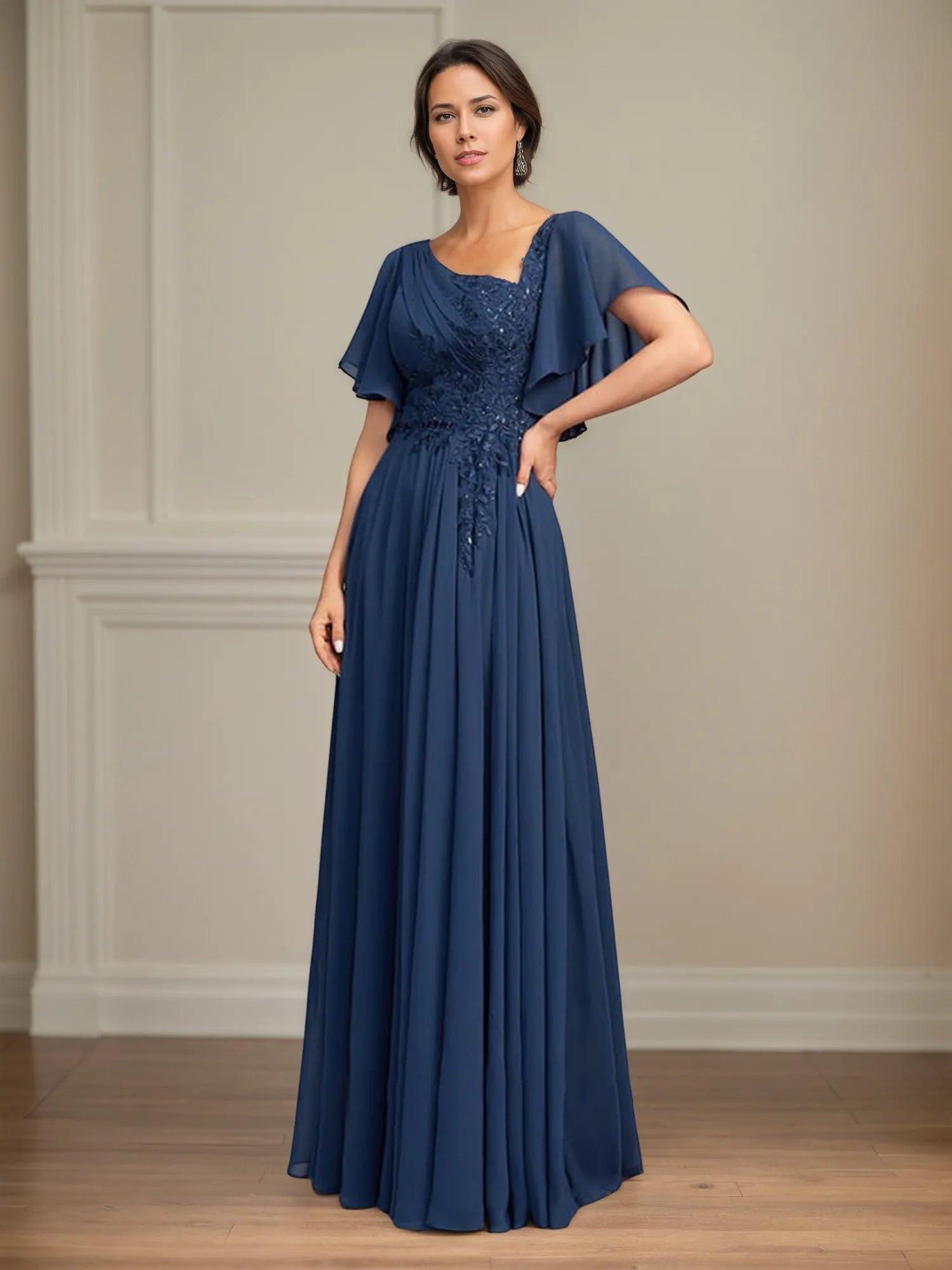 A Line Asymmetrical Floor Length Lace Chiffon Mother of the Bride Dress With Pleated Sequins