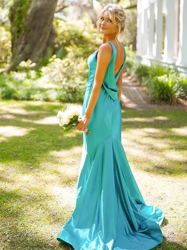 Vestito lungo da ballo verde sirena con scollo a V e schiena scoperta