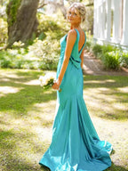 Vestito lungo da ballo verde sirena con scollo a V e schiena scoperta