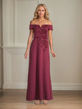 A Line Chiffon Off The Shoulder Appliques Floor Length Mother of the Bride Dress