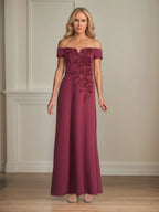 A Line Chiffon Off The Shoulder Appliques Floor Length Mother of the Bride Dress