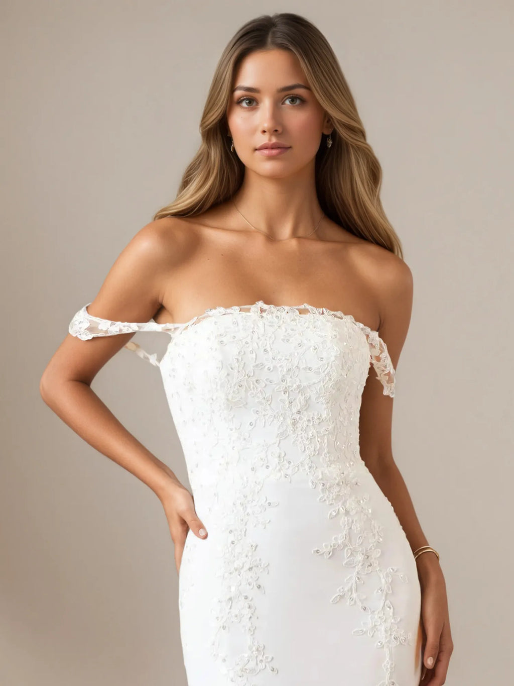 Vestido de novia blanco de sirena con lentejuelas y escote off the shoulder en crepé elástico