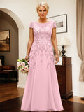 Abito da madre della sposa in chiffon rosa caramella, linea ad A, scollo a barchetta, con applicazioni