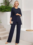 Conjunto de mono/pantalón con escote redondo, largo hasta el suelo, de gasa y encaje para madre de la novia con lentejuelas