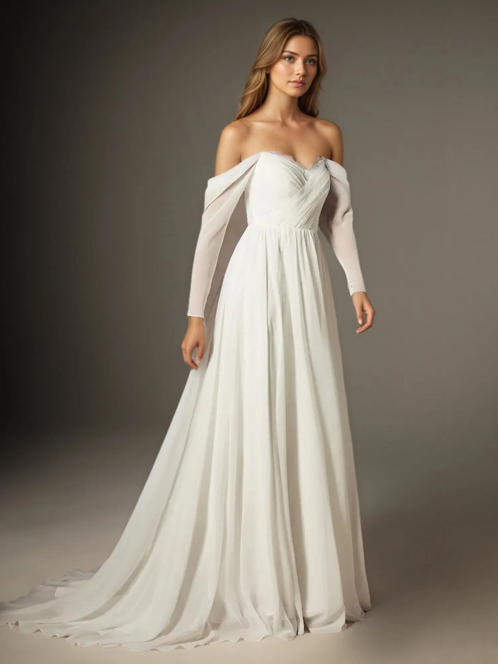 Abito da sposa in pizzo e chiffon con scollo a cuore e linea ad A