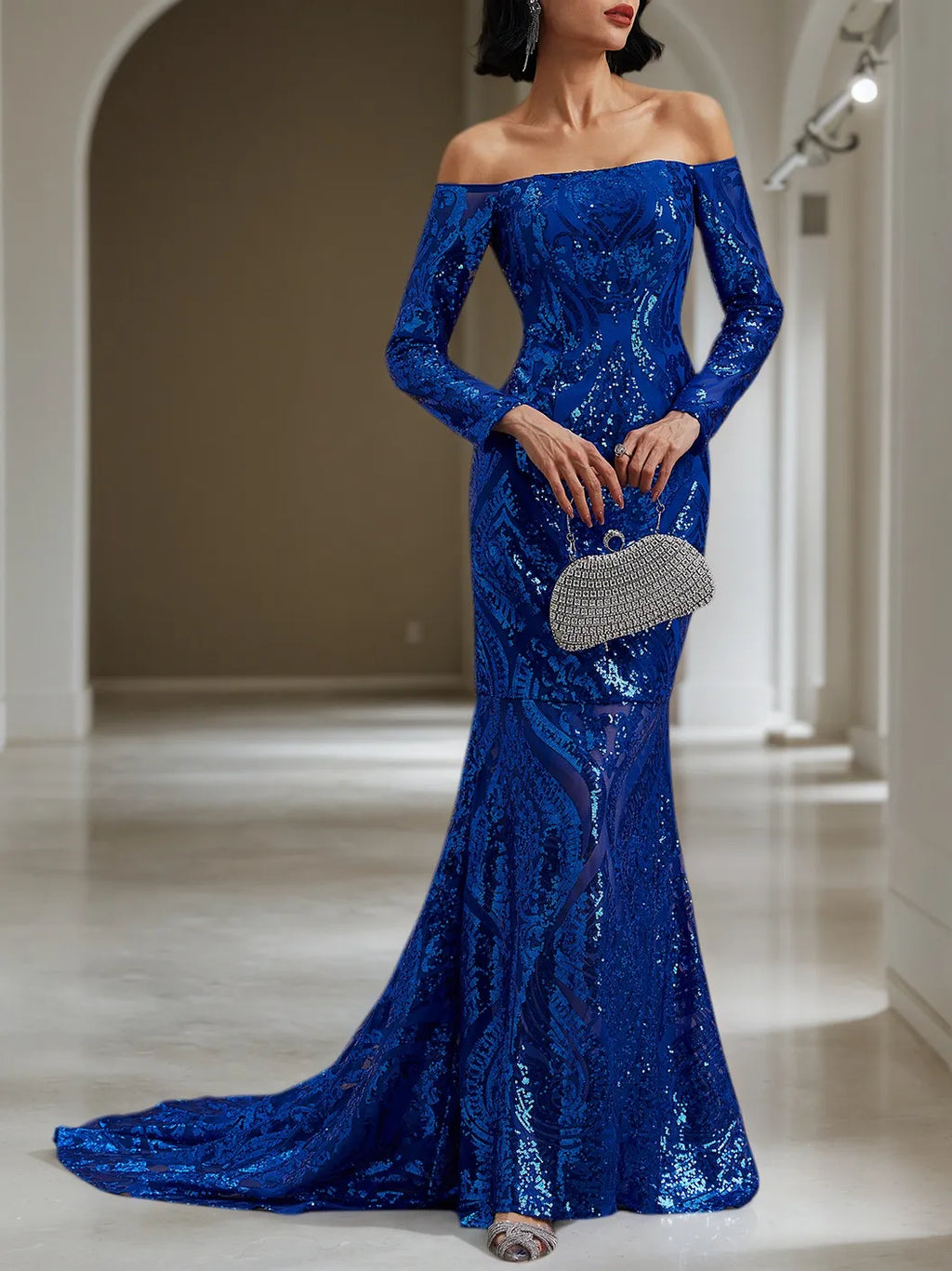 Königsblaues Pailletten-Kleid schulterfrei mit langen Ärmeln, Meerjungfrauen-Schnitt