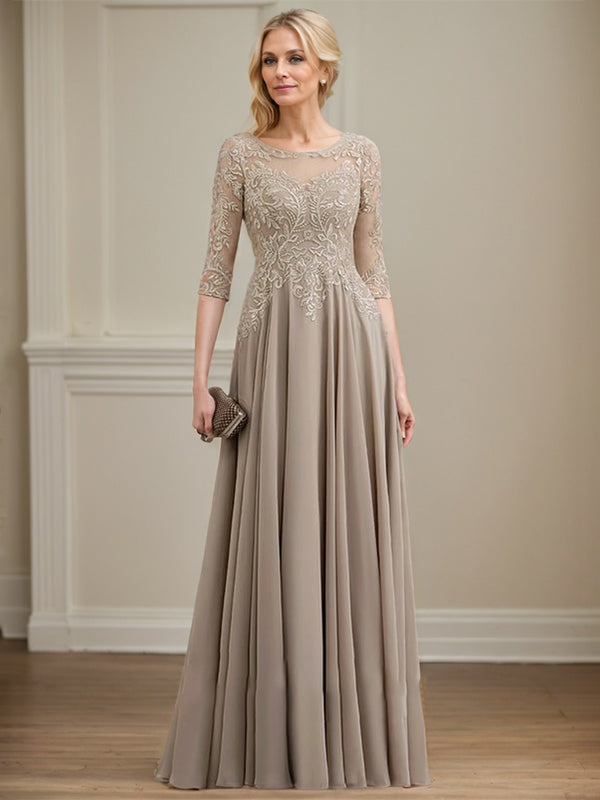 A-line Scoop Illusion Floor-Length Lace Chiffon Mother of the Bride Dress With Sequins