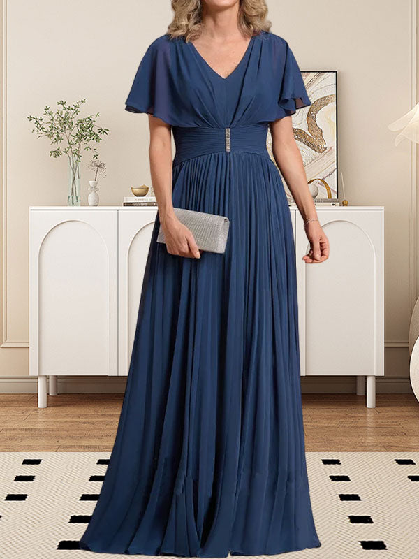 A-Linien V-Ausschnitt Bodenlanges Chiffon Brautmutterkleid mit Kristallbrosche und Plisseefalten