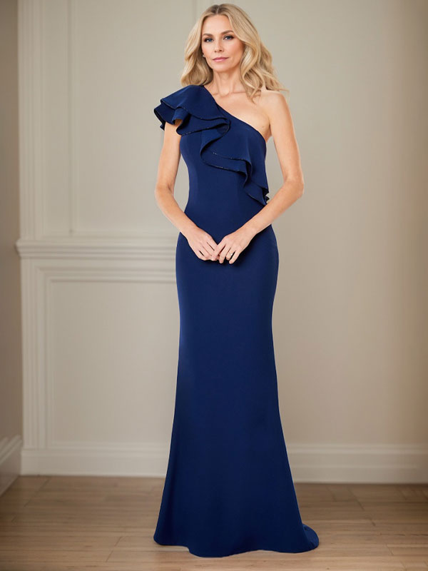 Vestido longo evasê de chiffon para mãe da noiva, um ombro só, com babados