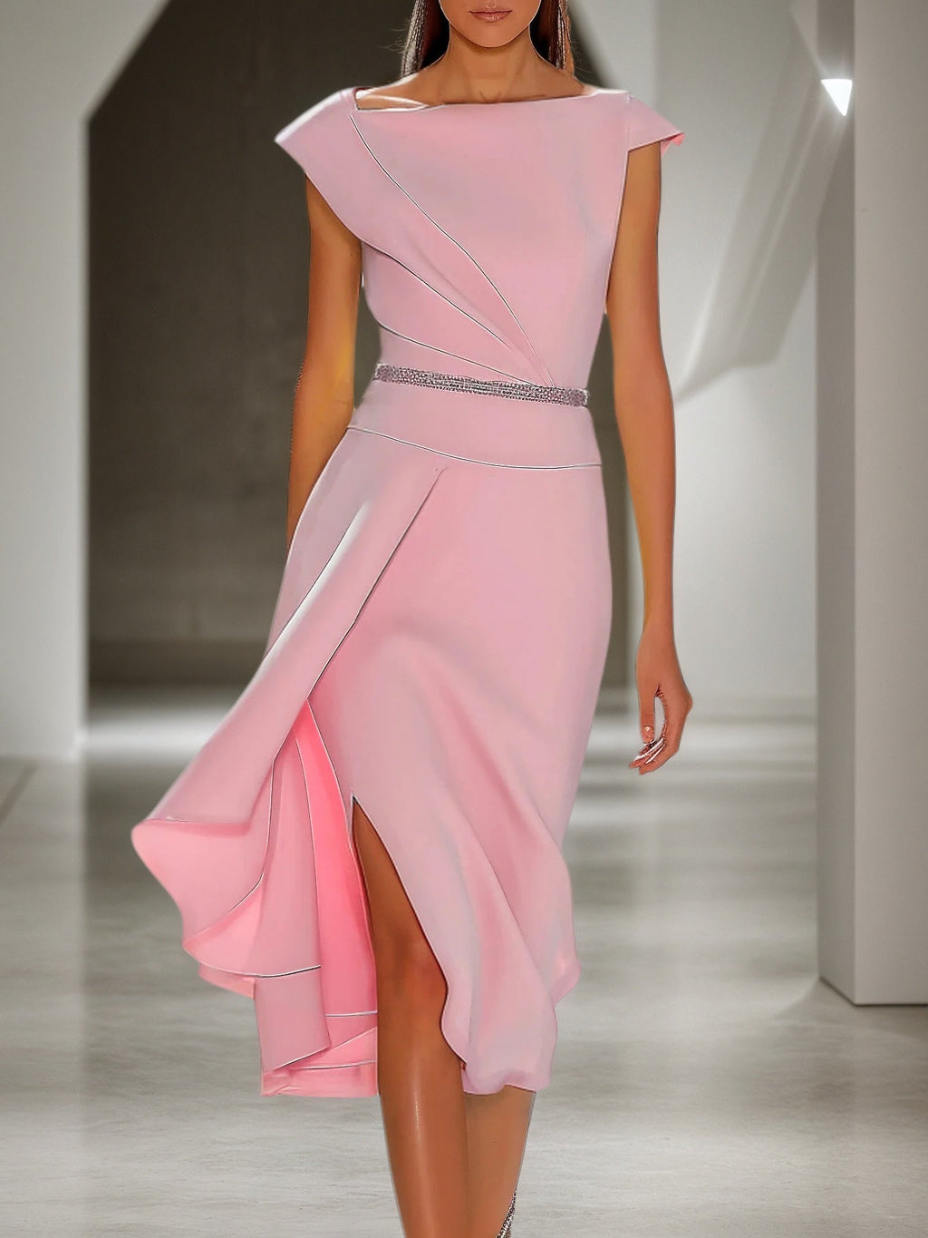 Vestido Midi Rosa com Decote Assimétrico, Manga Curta e Strass, Modelo A-Line