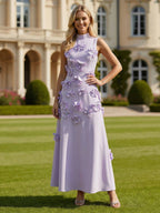 Robe longue en crêpe stretch A-line à col haut sans manches avec fleurs 3D