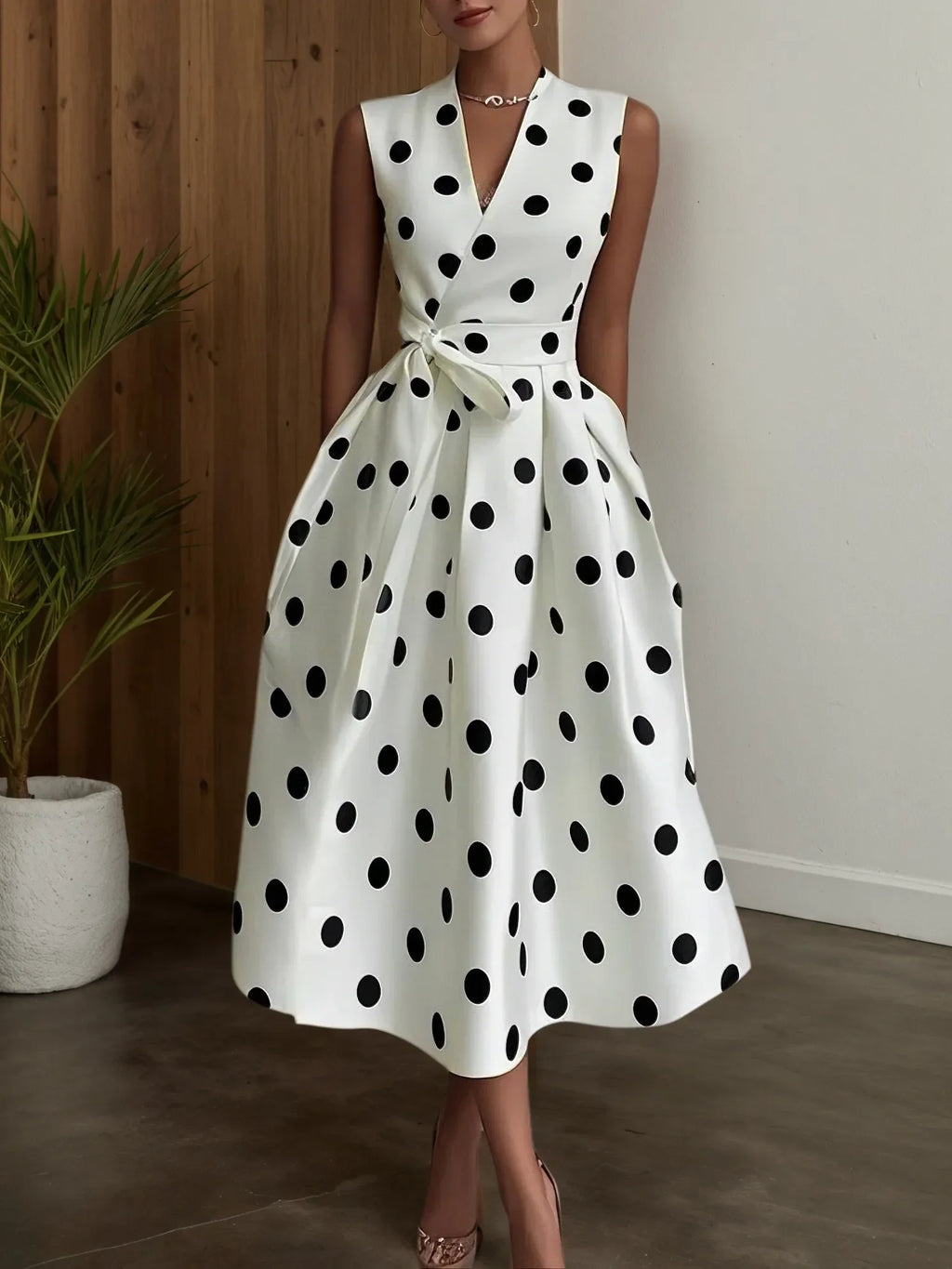 White Polka Dots V Neck Sleeveless A-Line Midi Dress