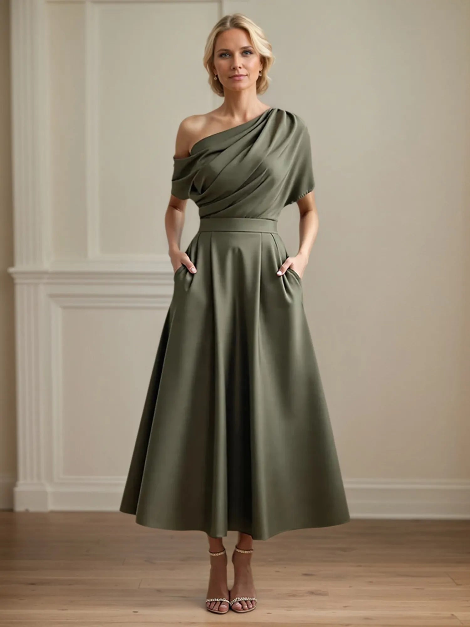 A Line Satin One Shoulder Pleated Ankle Length Mother of the Bride Dress
