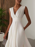 Evening Elegant Dress Sleeveless Deep V Neck Pleated Design Ball Gown Maxi Dress