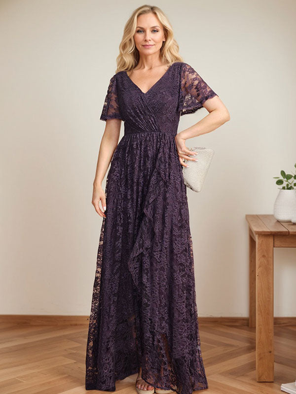 Robe de mère de la mariée en dentelle asymétrique, coupe trapèze, col en V, avec volants en cascade