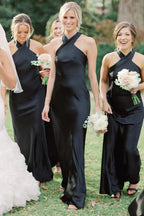 Black Halter Cutout Back Long Bridesmaid Dress