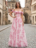 Rosa Blumen Schulterfreies Korsett A-Linien Lang Ballkleid