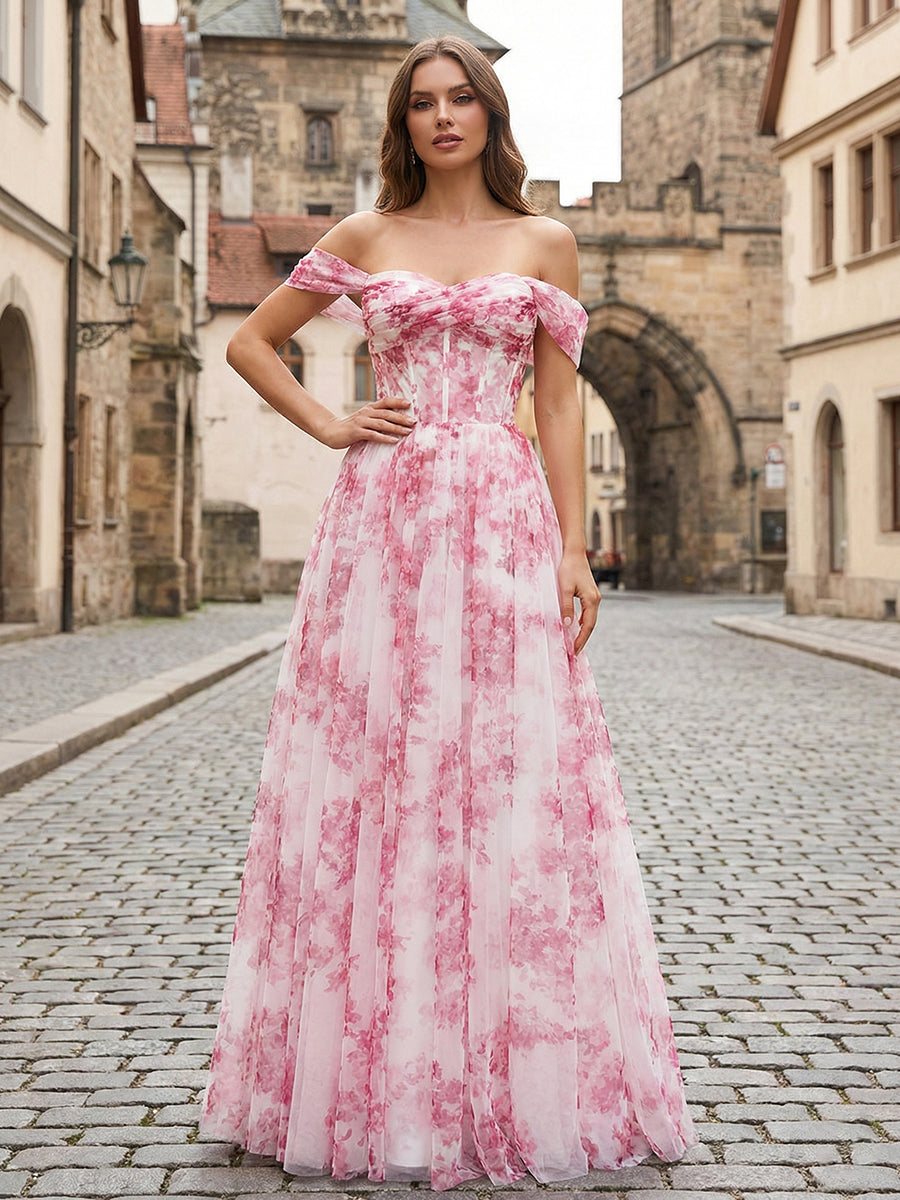 Rosa Blumen Schulterfreies Korsett A-Linien Lang Ballkleid